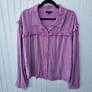 Origionality Pink/Purple Weathered Look Button-Up Top Ruffled Detail Womens XL